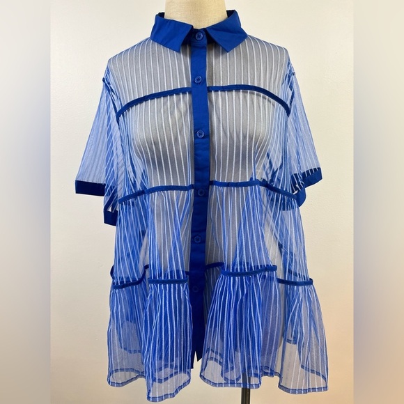 C Yard Blue Sheer Striped Button Front Peplum Top, Size Large - Picture 1 of 12